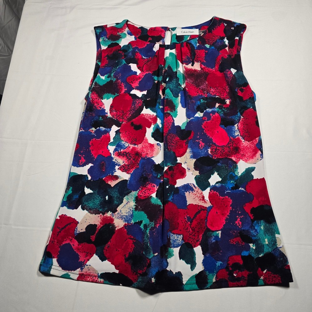 Calvin Klein Womens Small‎ Sleeveless Abstract Floral Pleated Blouse Red Blue